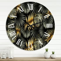Designart 'Black And Gold Tropical Leaves Ii' Modern Wall Clock
