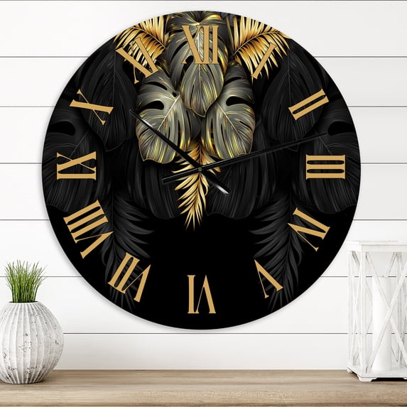 Designart 'Black And Gold Tropical Leaves Iv' Modern Wall Clock