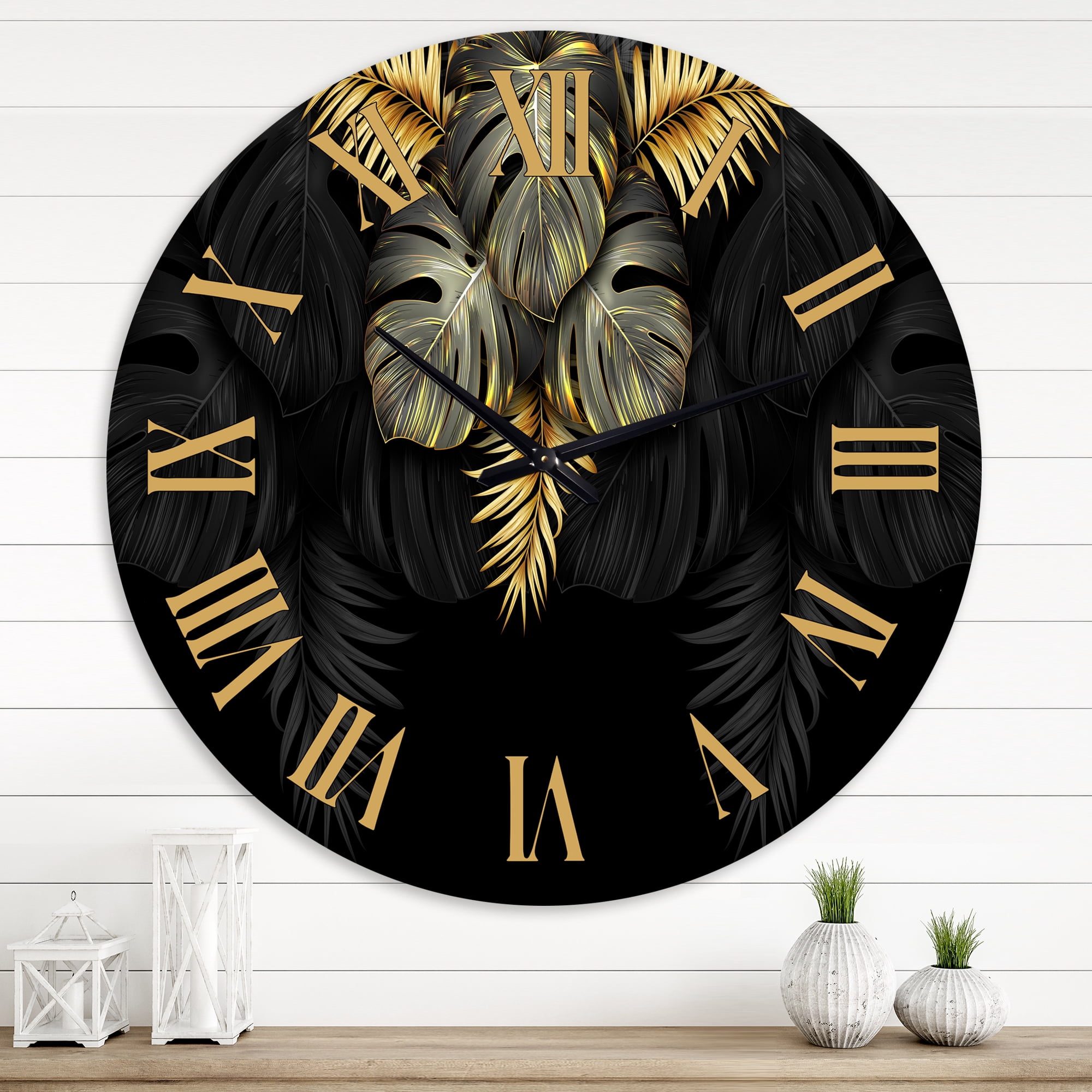 Designart 'Black And Gold Tropical Leaves Iv' Modern Wall Clock