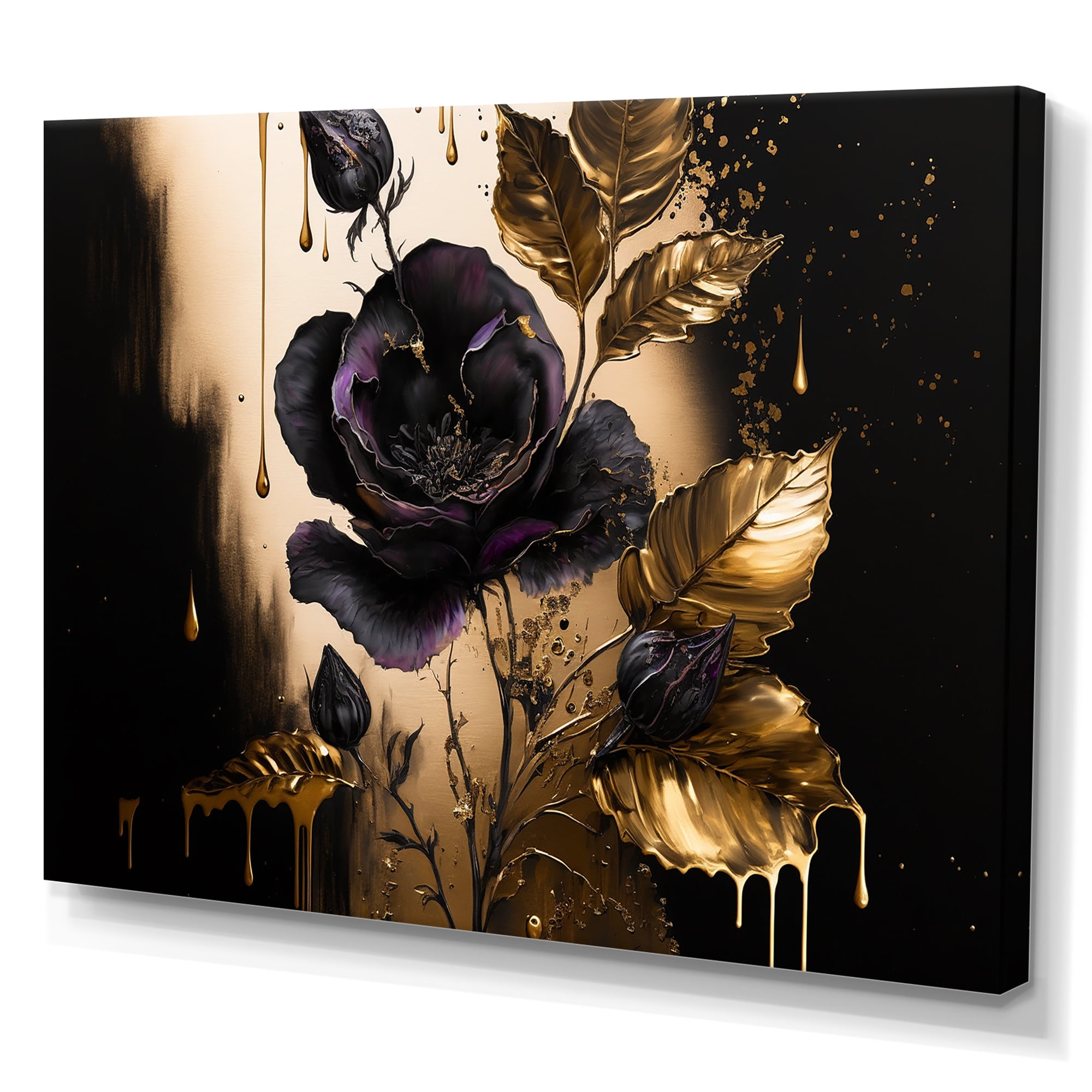 Designart Black And Gold Violets I Canvas Wall Art