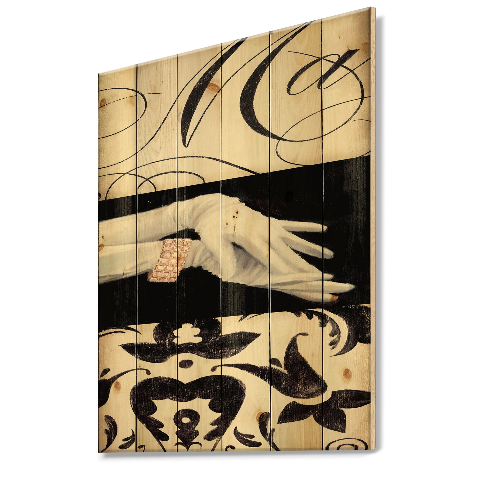 Designart 'Black And White Fancy Glamorous Gloves ' Fashion Print on Natural Pine Wood
