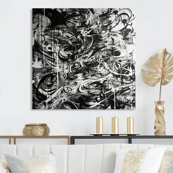Designart "Black And White Graffiti Cosmic I" Modern Geometric Wall Art For Kitchen