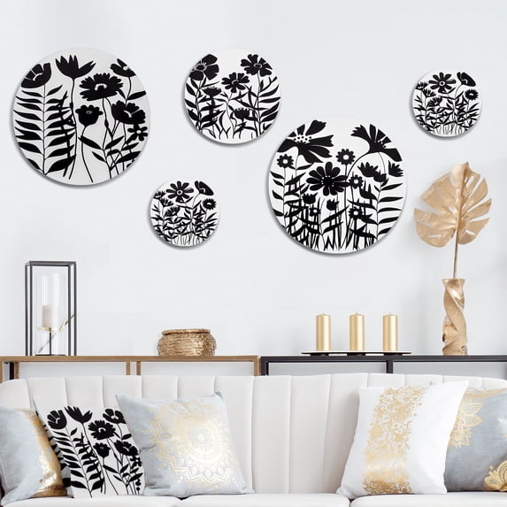 Designart "Black And White Graphic Flowers II" Floral Metal Wall Art Set of 5 Piece
