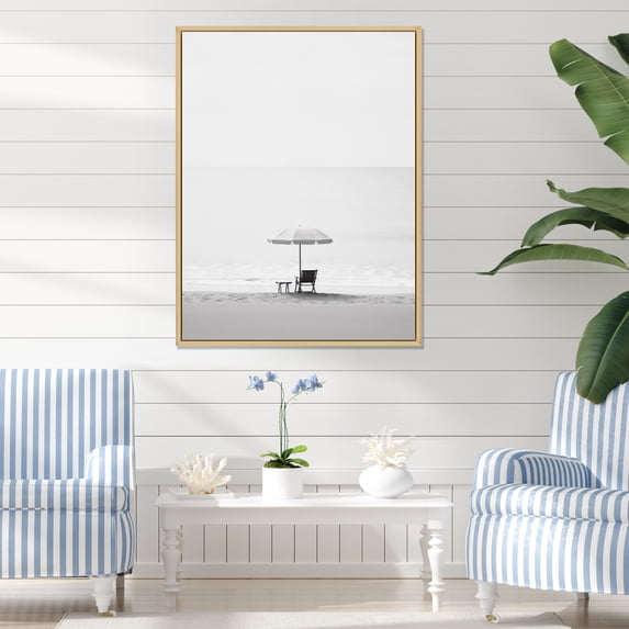 Designart "Black And White Simplicity Beach Photo I" Nautical & Beach Floater Framed Wall Decor