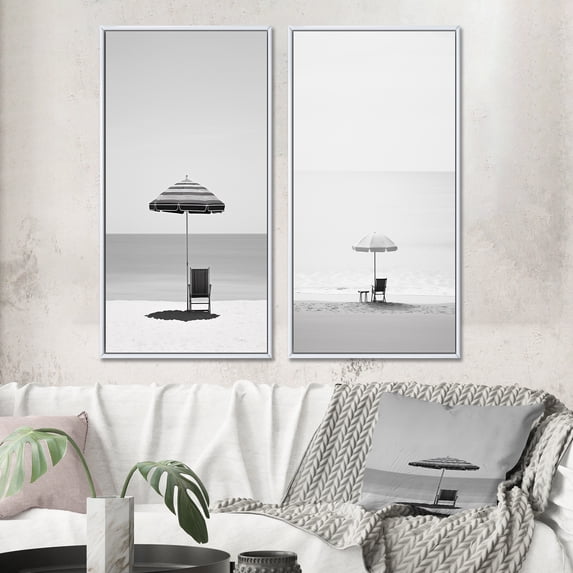 Designart "Black And White Simplicity Beach Photo II" Coastal Beach Framed Wall Art Set Of 2 - Grey Beach Framed Wall Art Set Of 2