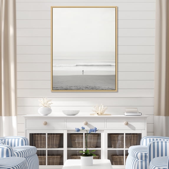 Designart "Black And White Simplicity Beach Photo V" Nautical & Beach Floater Framed Canvas Art Print