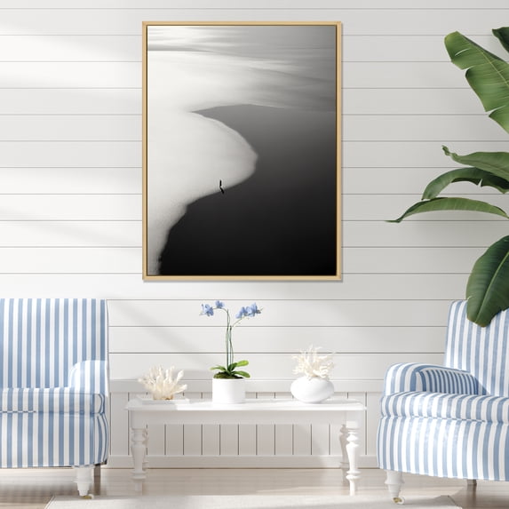 Designart "Black And White Simplicity Beach Photo VI" Nautical & Beach Floater Framed Canvas Print