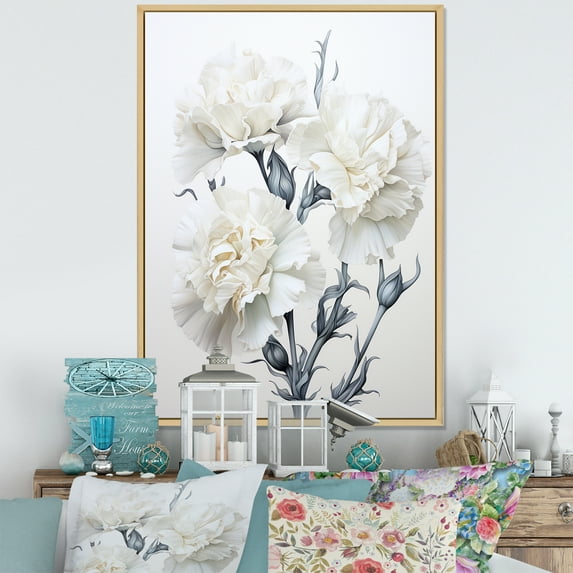 Designart "Black And White Simplistic Carnations I" Carnations Floater Framed Canvas Wall Art