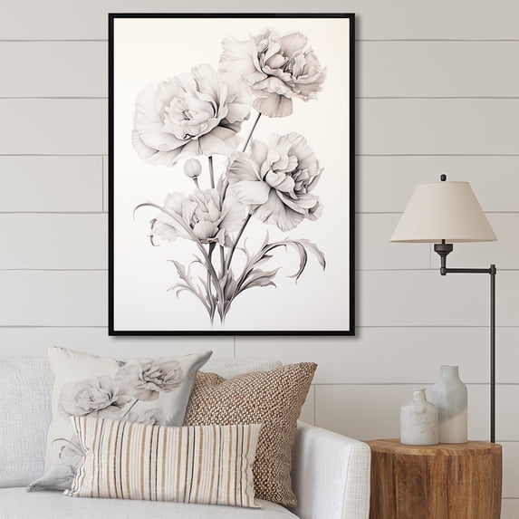 Designart "Black And White Simplistic Carnations III" Carnations Floater Framed Wall Decor