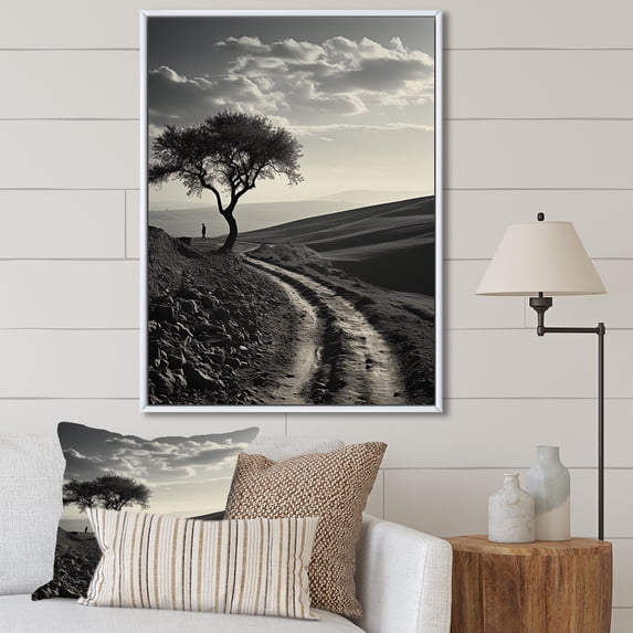 Designart "Black And White Tree Landscape Minimalism" Tree Floater Framed Canvas Prints