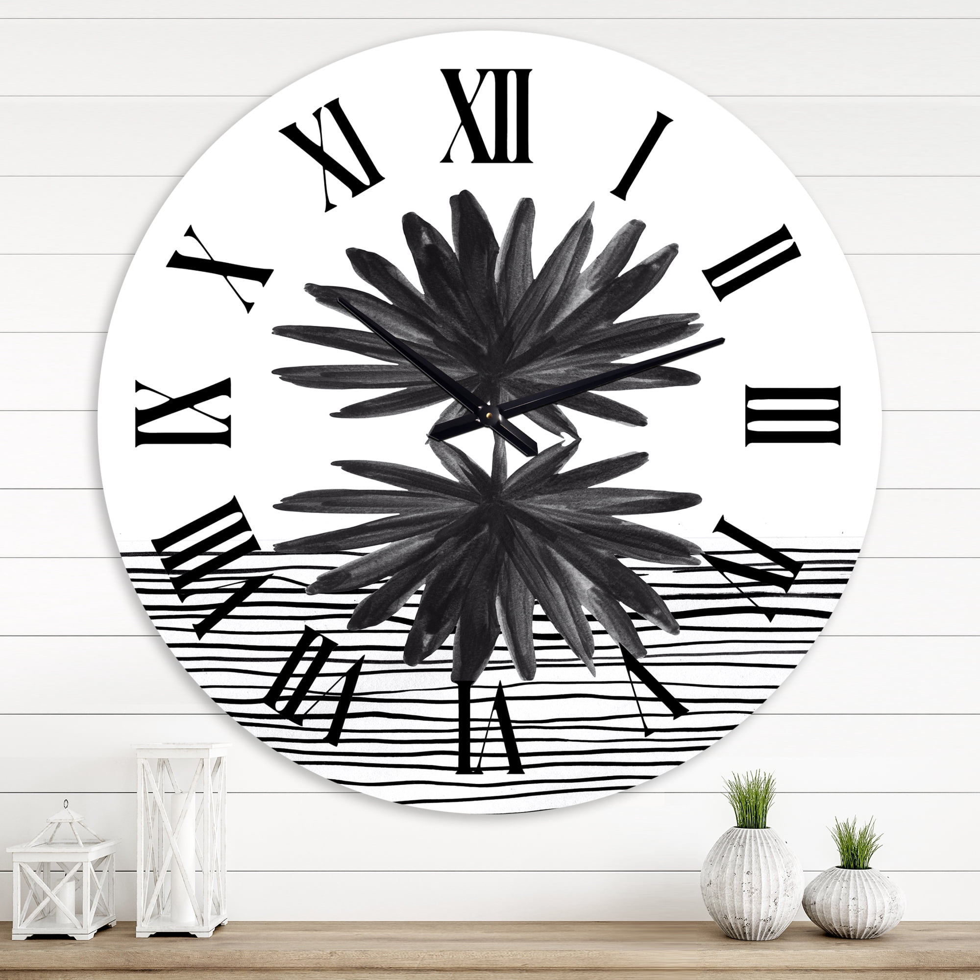 Designart 'Black And White Tropical Leaf On Striped Ii' Modern Wall Clock