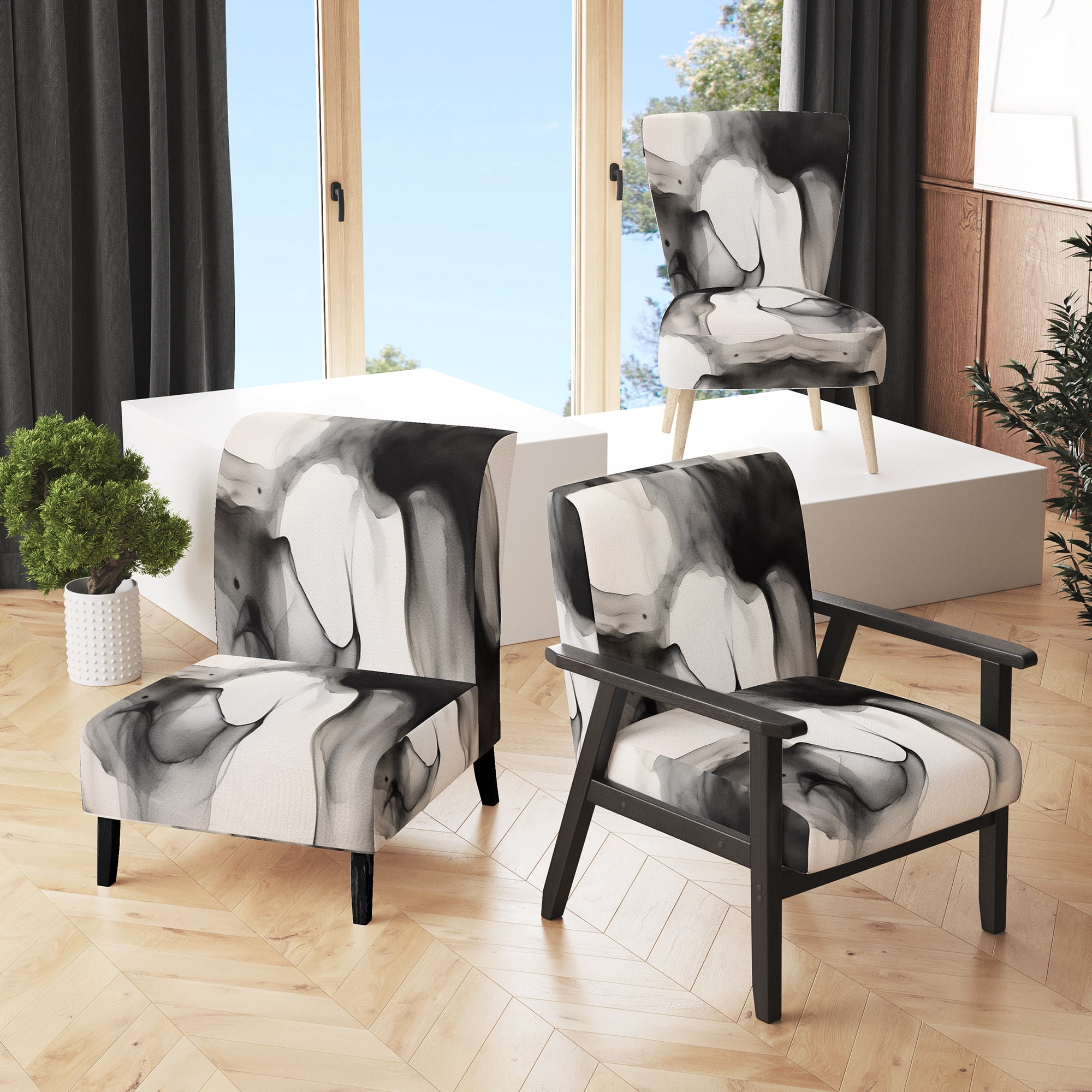 Designart "Black And White Wave" Upholstered Modern & Contemporary