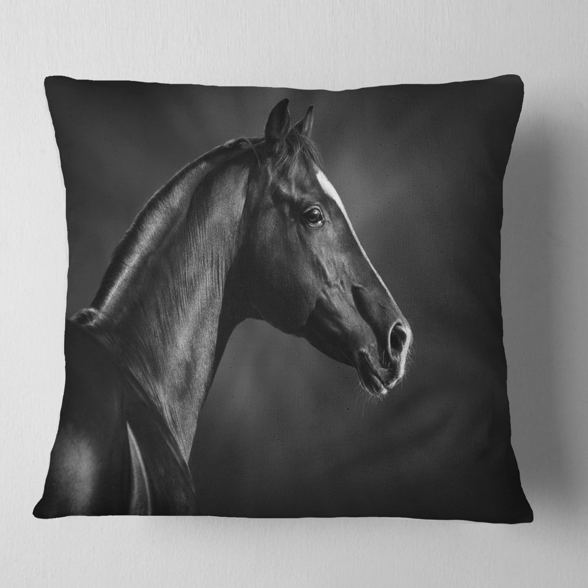 Designart Black Arabian Horse Portrait - Animal Throw Pillow - 16x16