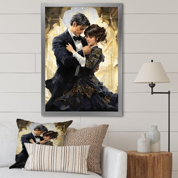 Designart "Black Art Deco Ballet Dance Couple II" Fashion Framed Wall Art - Glam Black Ballet Living Room Framed Canvas Art