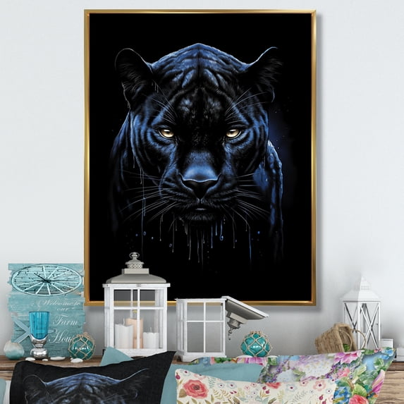 Designart "Black Blue Panther Onyx Scratch" Animals Floater Framed Canvas Print