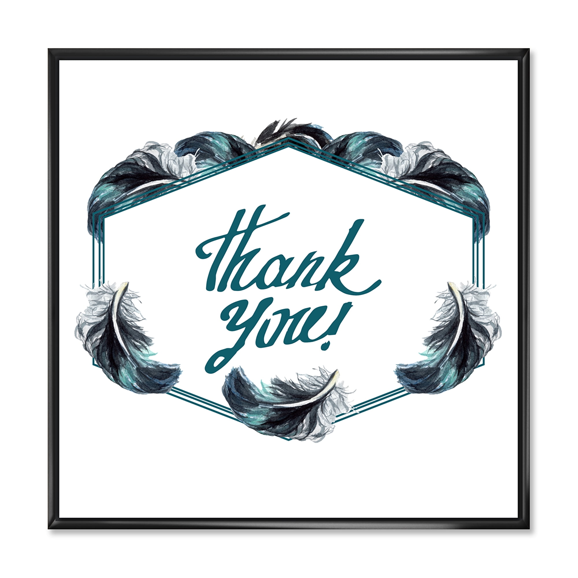 Designart 'Black Boho Art Feathers Thank You' Bohemian & Eclectic Framed Canvas Wall Art Print