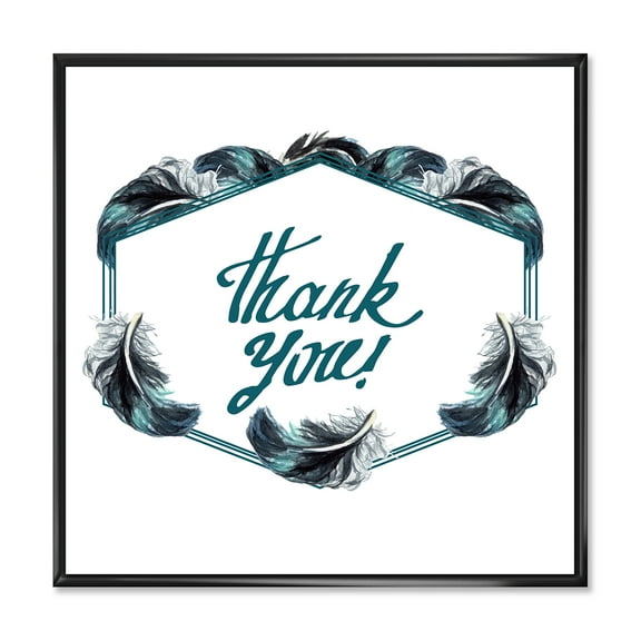 Designart 'Black Boho Art Feathers Thank You' Bohemian & Eclectic Framed Canvas Wall Art Print