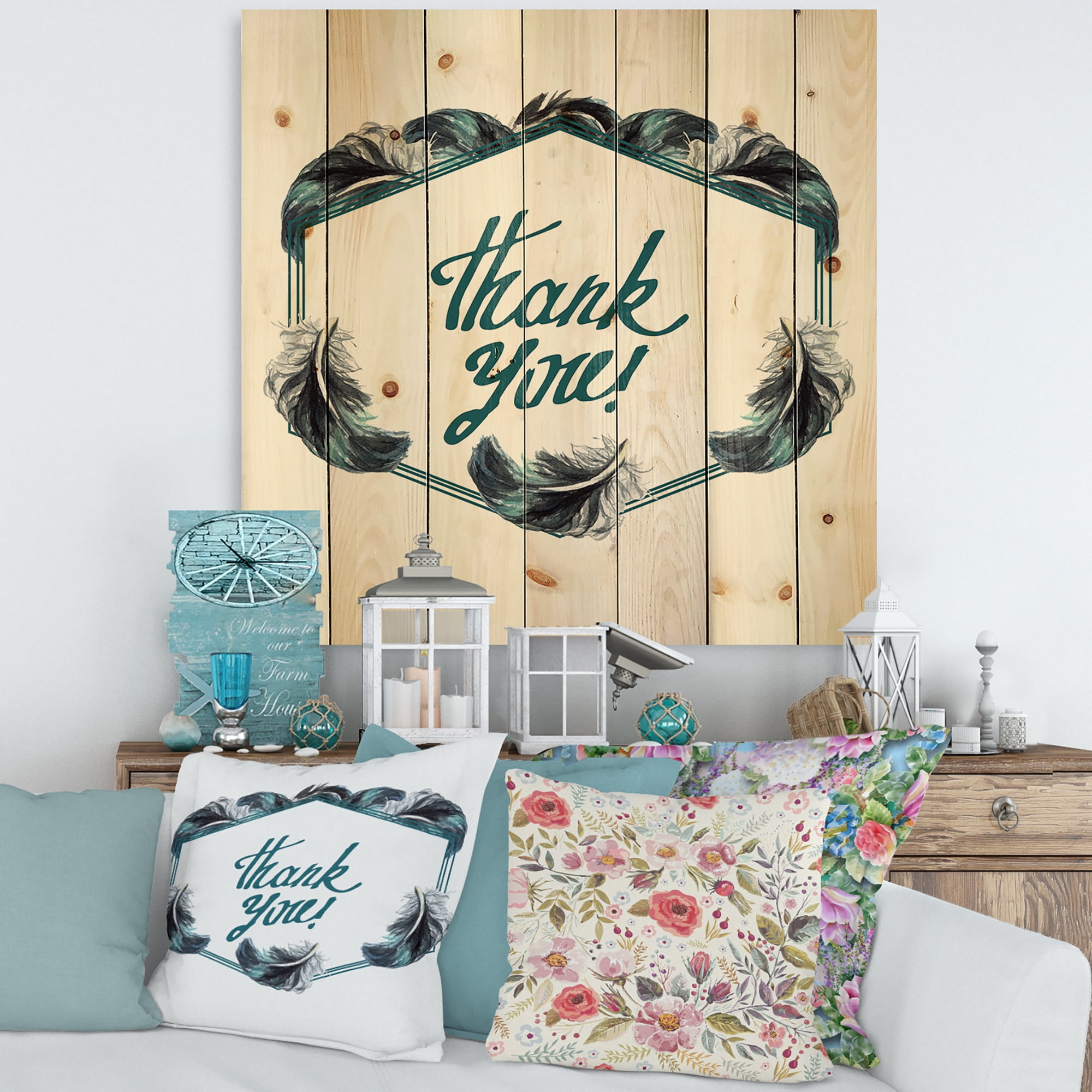 Designart 'Black Boho Art Feathers Thank You' Bohemian & Eclectic Print on Natural Pine Wood