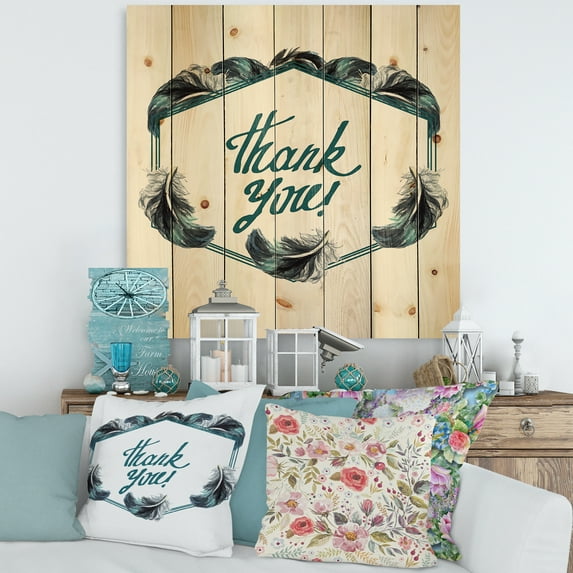Designart 'Black Boho Art Feathers Thank You' Bohemian & Eclectic Print on Natural Pine Wood