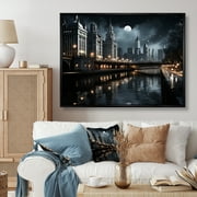 Designart "Black Canal City Watercourse Onyx" Architecture Floater Framed Canvas Print