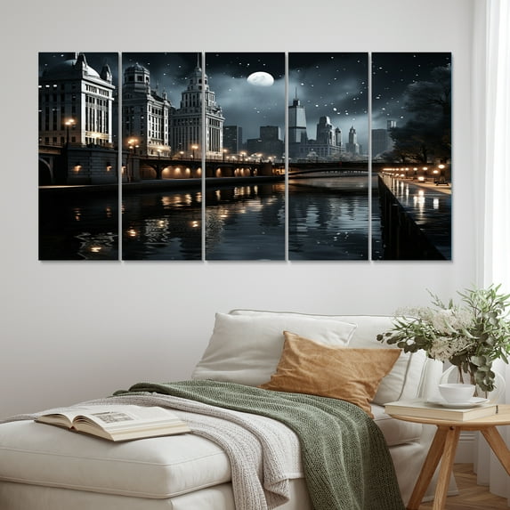 Designart "Black Canal City Watercourse Onyx" Architecture Metal Wall Decor Set