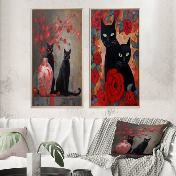 Designart "Black Cat by Vase with Red Flowers Painting I" Animals Cat Framed Wall Art Set Of 2 - Children's Art Black Frame Gallery Set For Office Decor