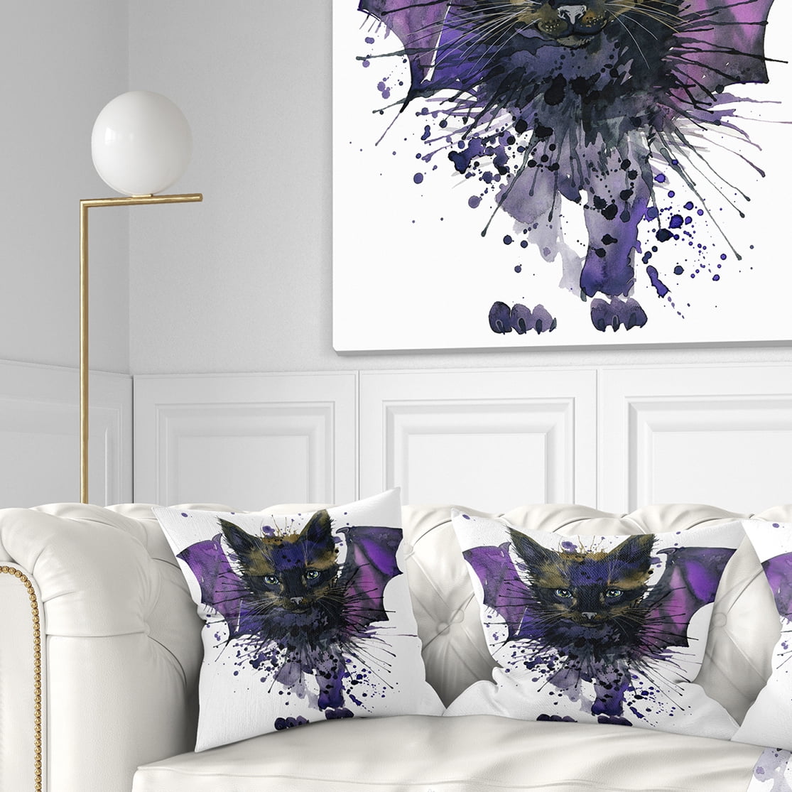 Designart Black Cat with Blue Wings - Animal Throw Pillow - 18x18