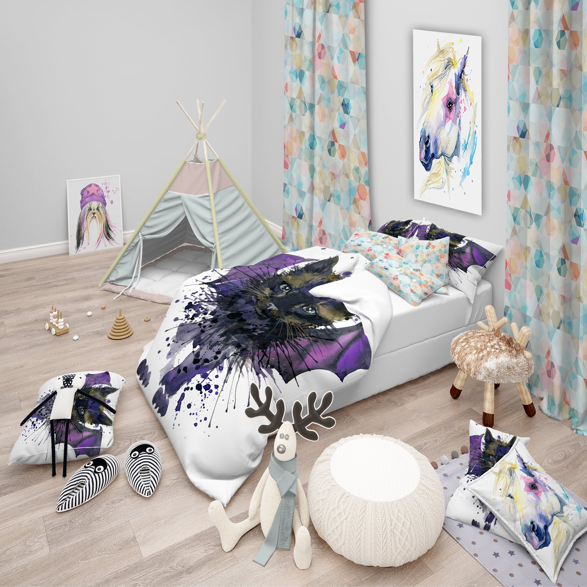 Designart 'Black Cat with Blue Wings' Modern & Contemporary Duvet Cover Set