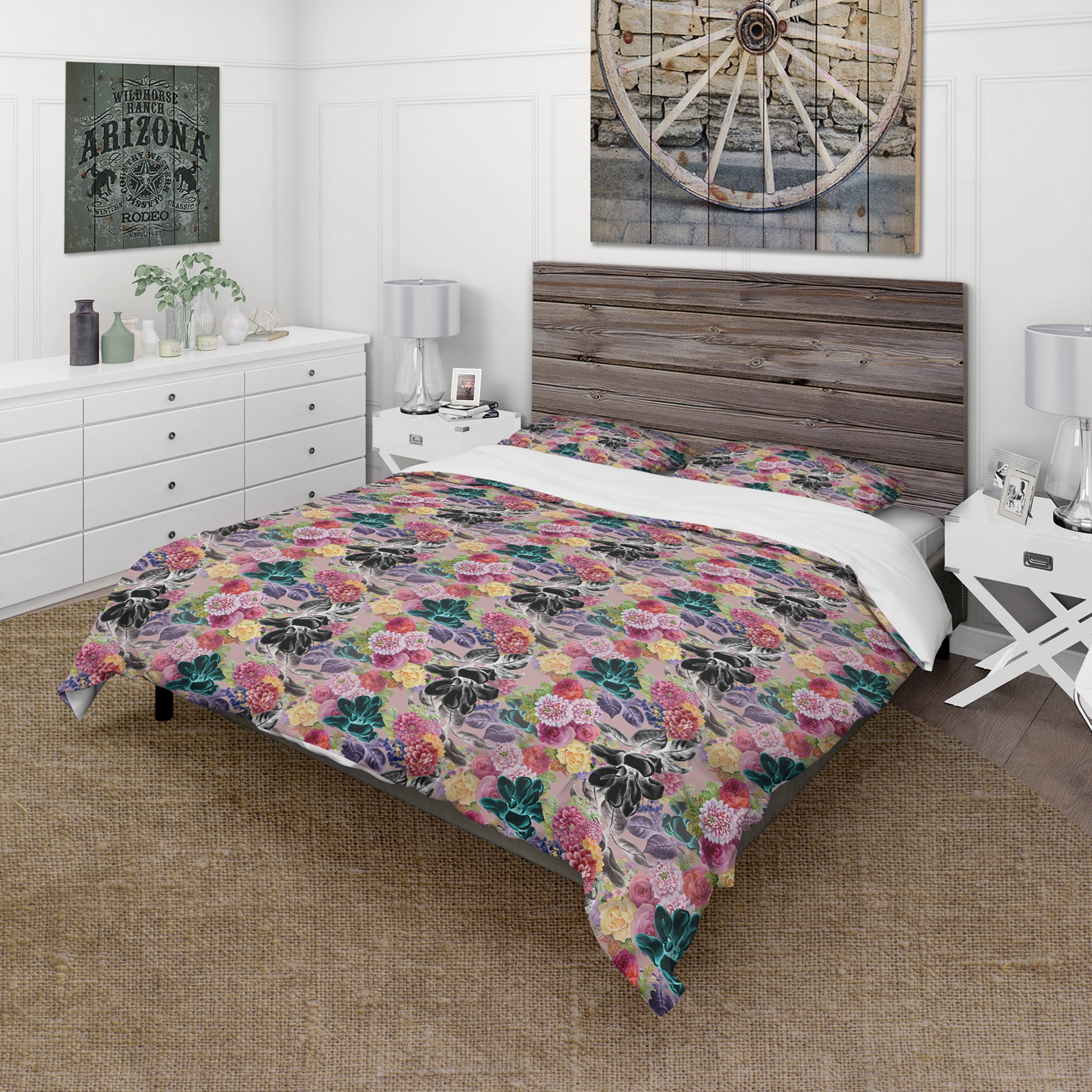 Designart 'Black Chrysanthemum And Blooming Roses' Floral Duvet Cover Set