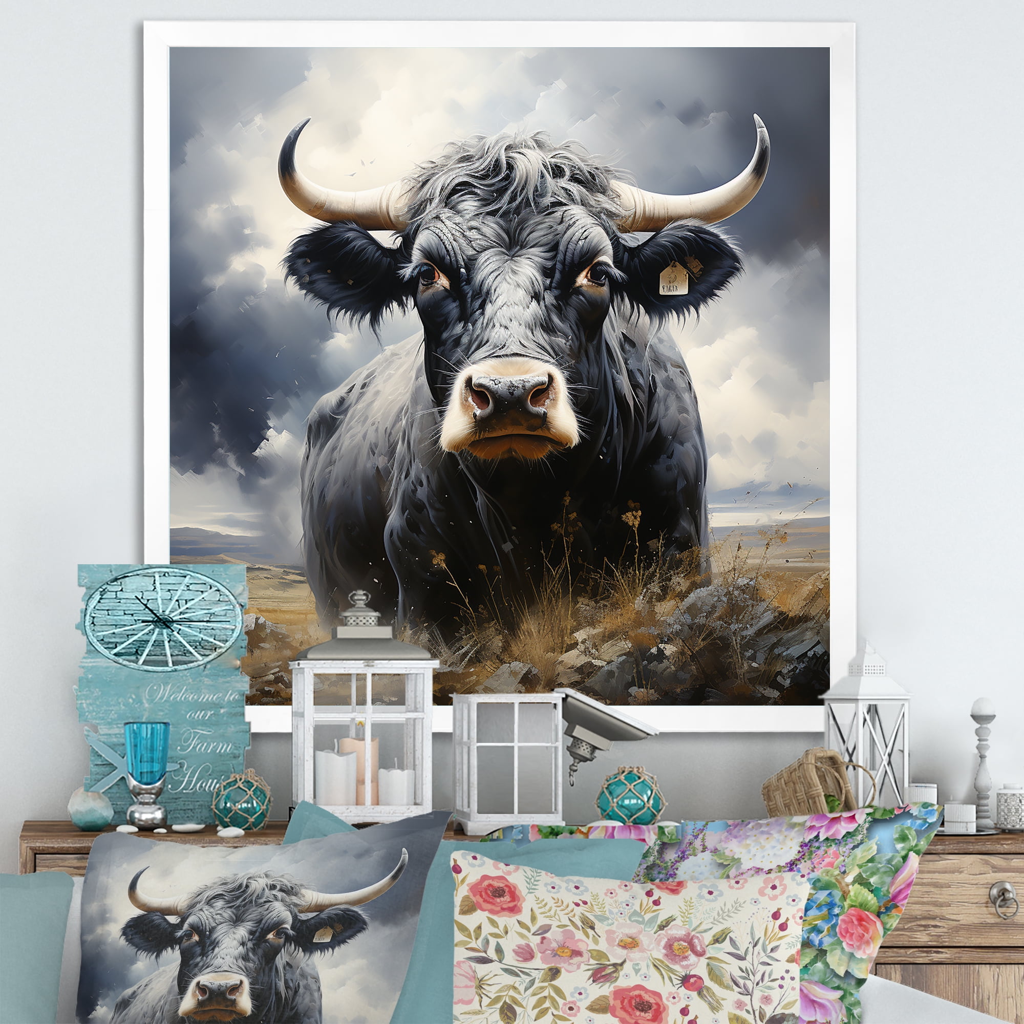 Black Cow Grazing Meadows Canvas Print with Wood Frame