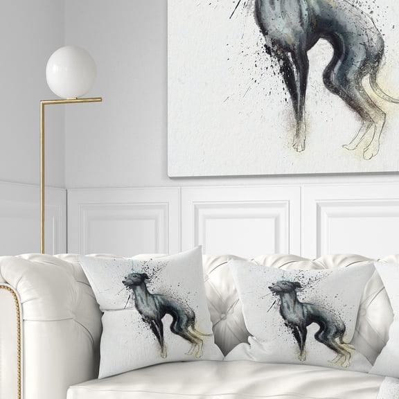 Designart Black Dog Watercolor with Splashes - Animal Throw Pillow - 16x16