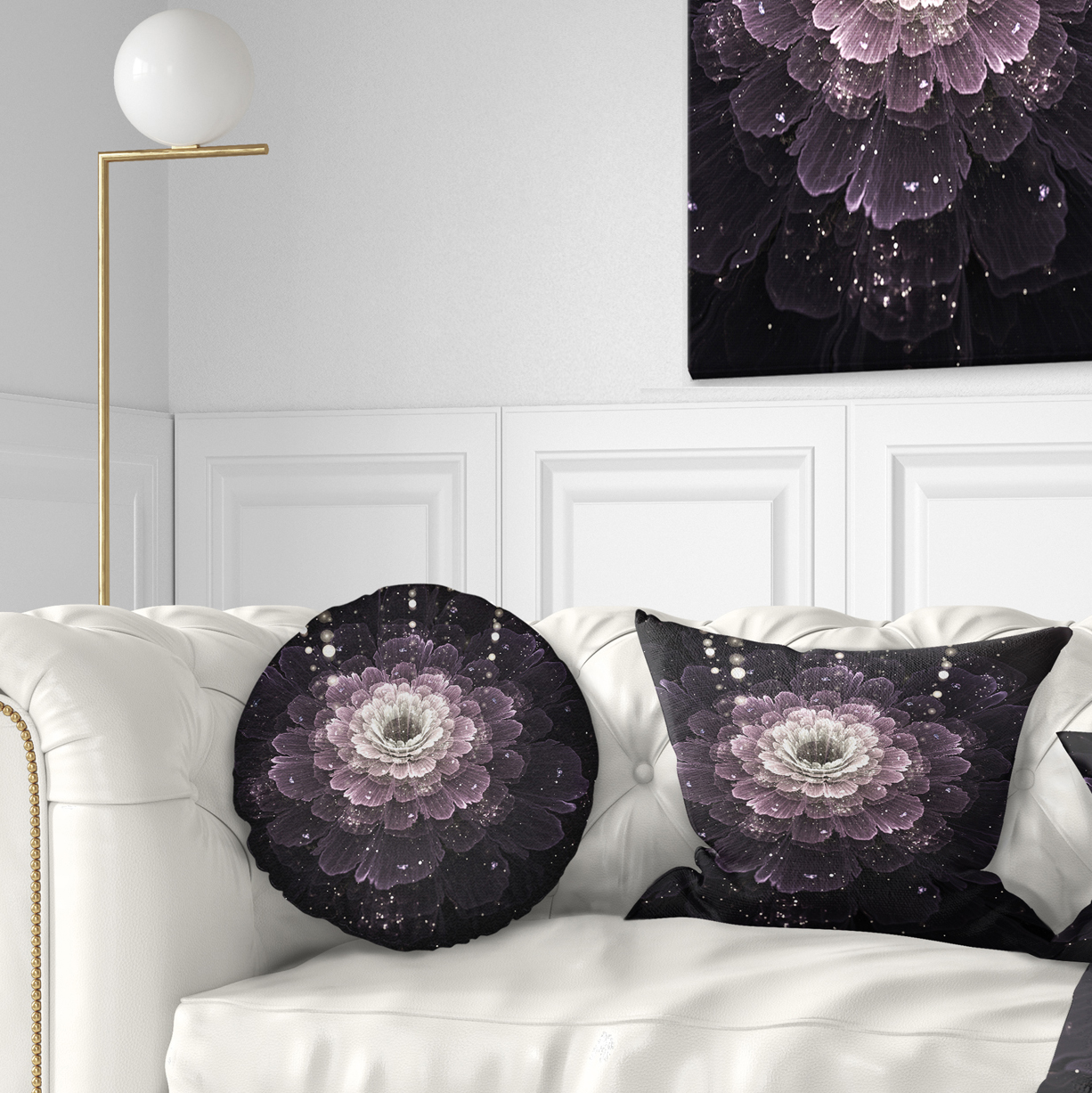 Designart Black Flower with Silver Details - Floral Throw Pillow - 12x20