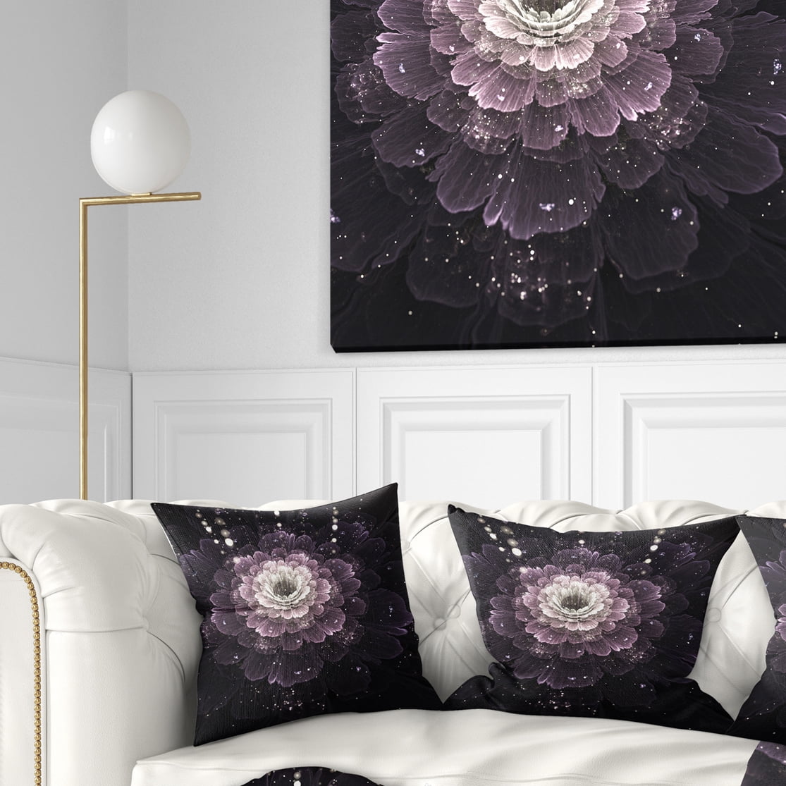 Designart Black Flower with Silver Details - Floral Throw Pillow - 18x18