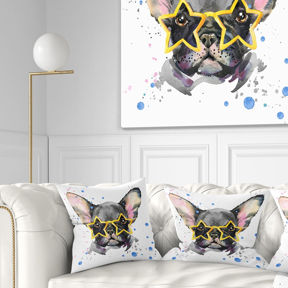 Designart Black French Bulldog with Stars - Animal Throw Pillow - 16x16