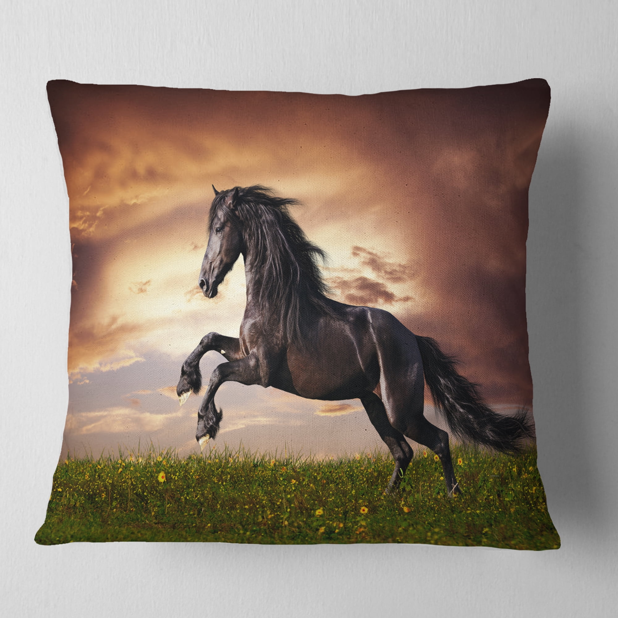 Designart Black Friesian Horse Gallop - Abstract Throw Pillow - 18x18
