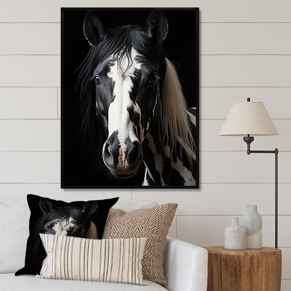 Designart "Black Horse White Serenity II" Animals Floater Framed Canvas Print