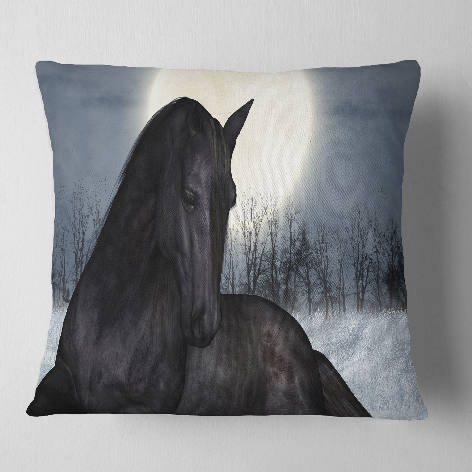 Designart Black Horse in Moonlight - Animal Throw Pillow - 16x16