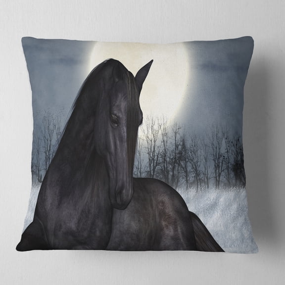 Designart Black Horse in Moonlight - Animal Throw Pillow - 16x16