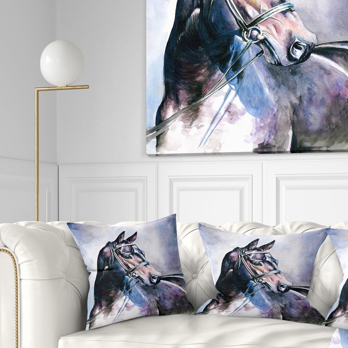Designart Black Horse with Bridle - Abstract Throw Pillow - 18x18