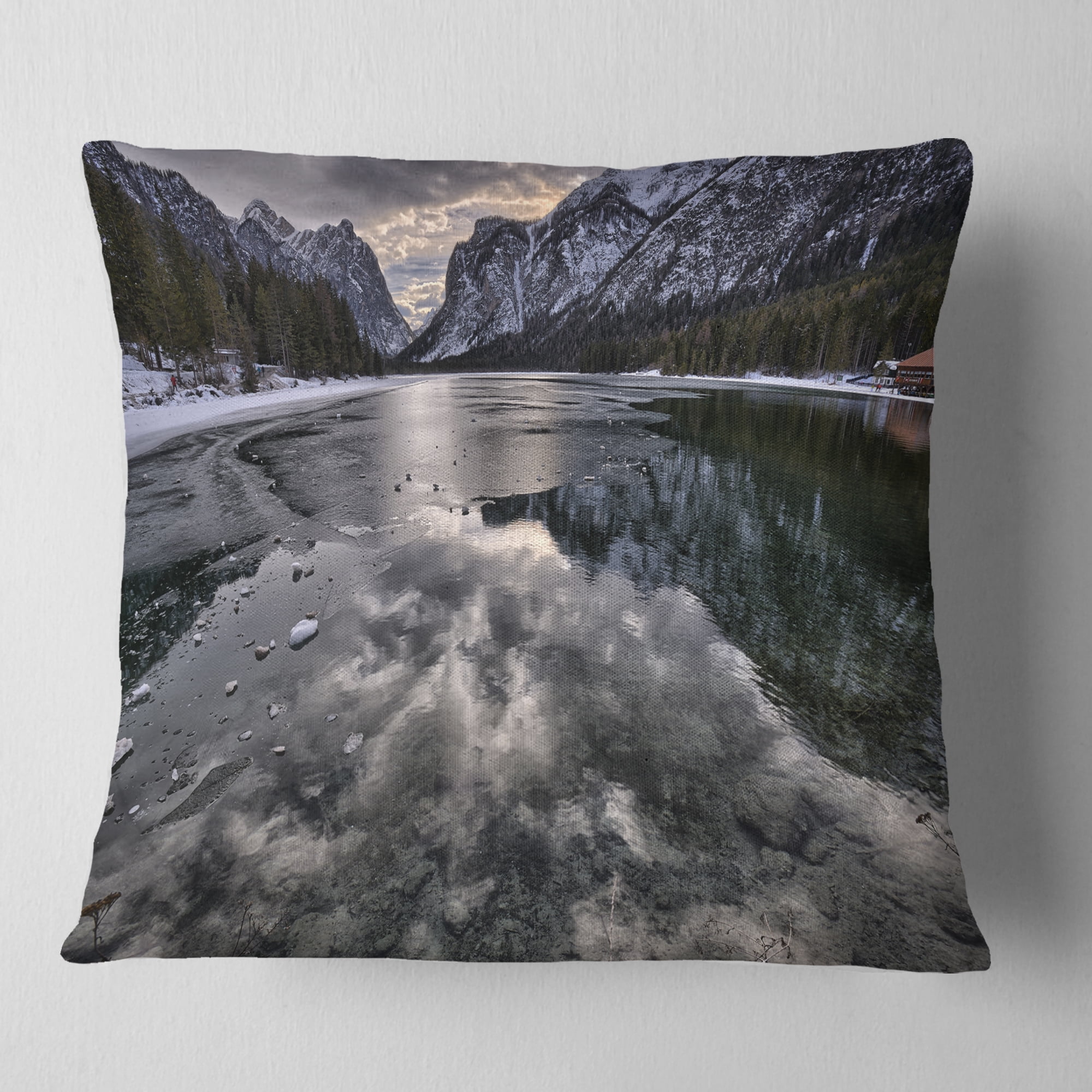 Designart Black Icy Mountain Lake with Snow - Contemporary Landscape Printed Throw Pillow - 18x18