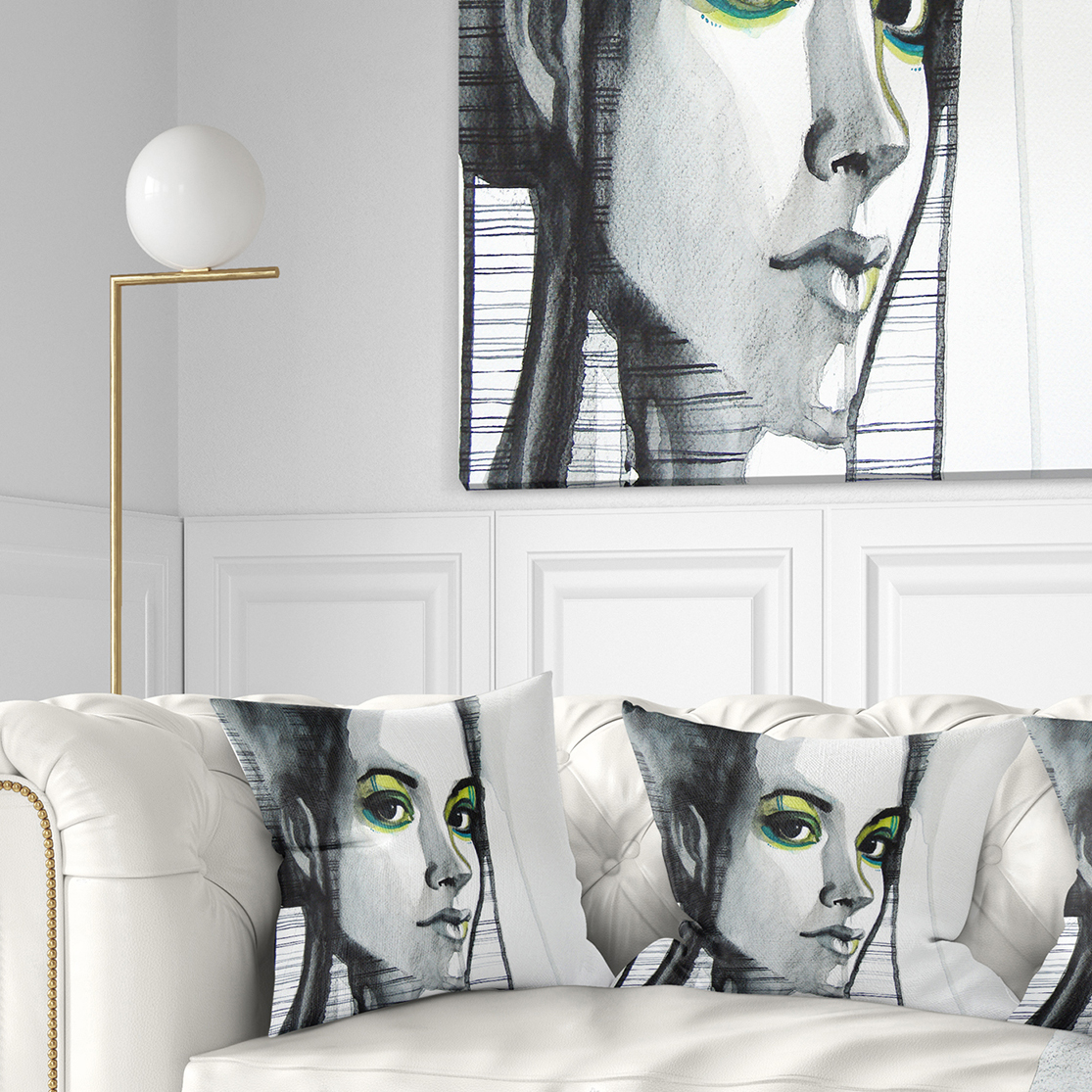 Designart Black Illustrated Girl - Abstract Portrait Throw Pillow - 16x16