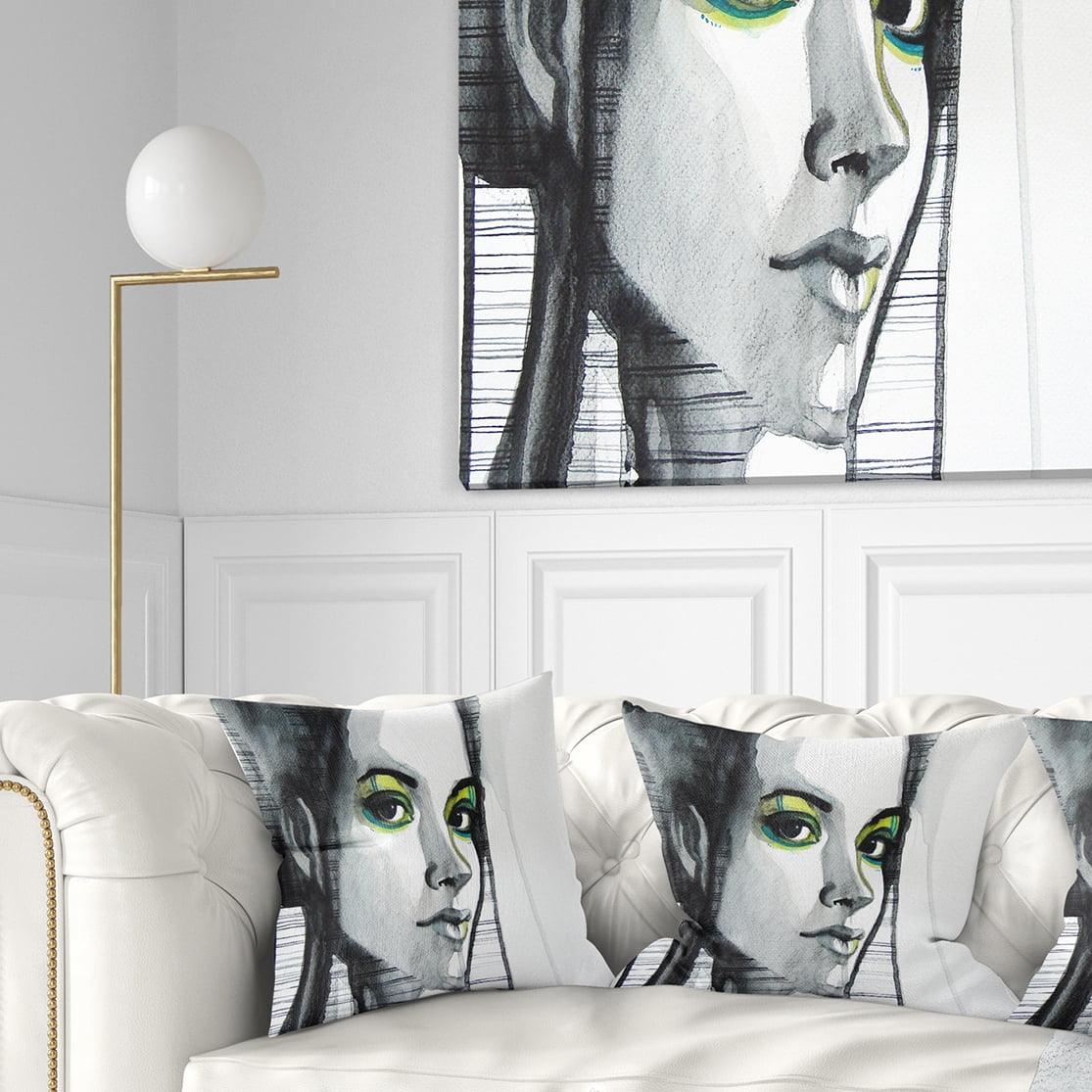 Designart Black Illustrated Girl - Abstract Portrait Throw Pillow - 18x18