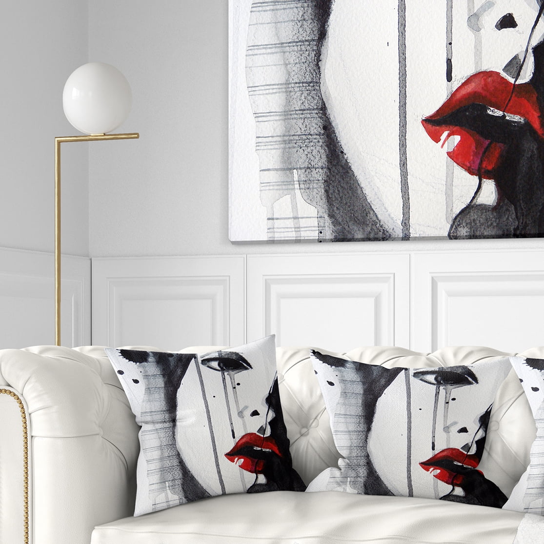 Designart Black Illustrated Girl Close up - Abstract Portrait Throw Pillow - 18x18