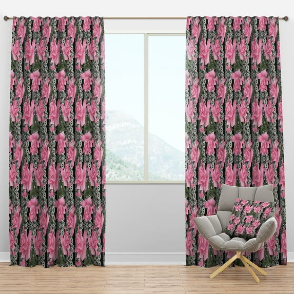 Designart 'Black Lacy Pink Roses Pattern' Floral Blackout Curtain Panel