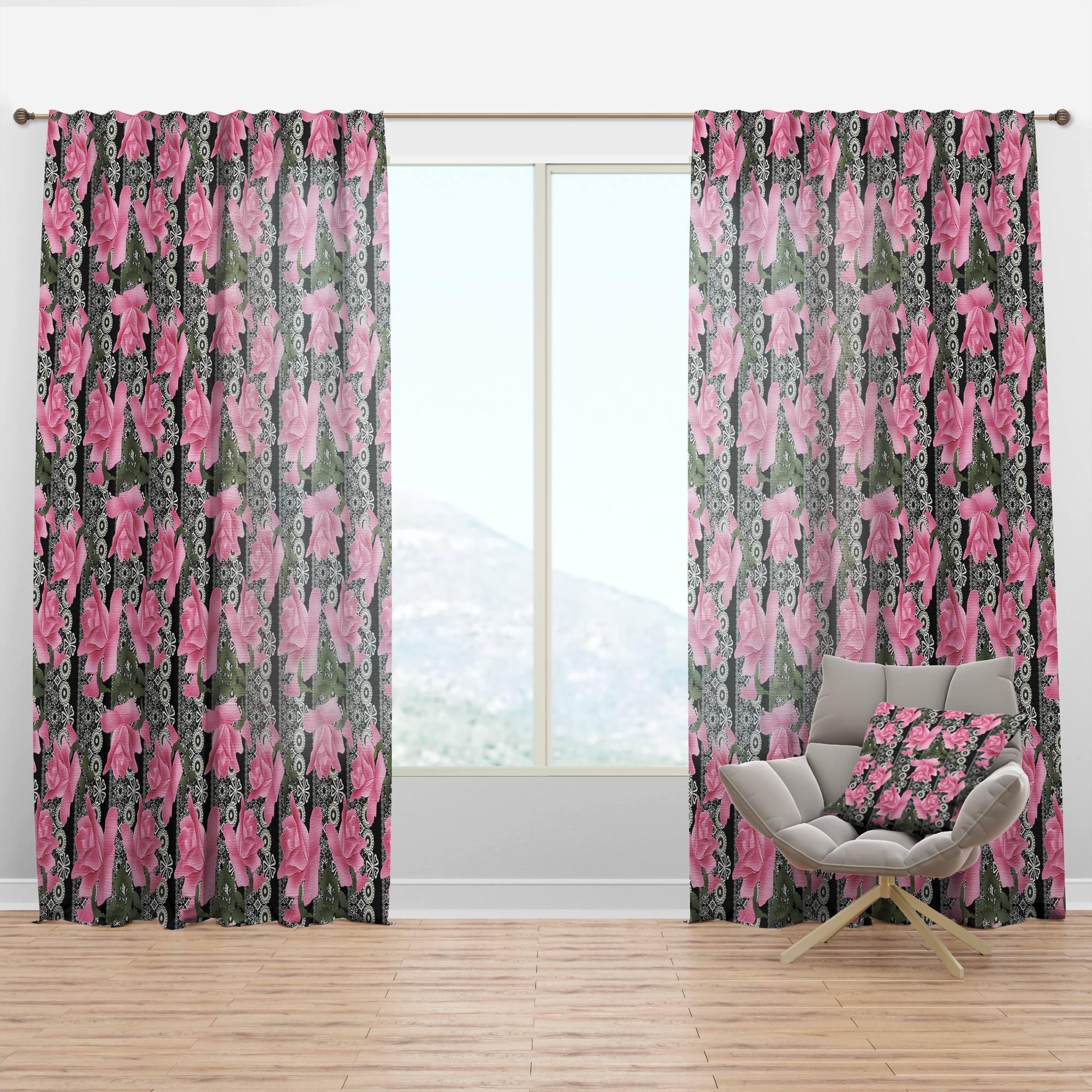 Designart 'Black Lacy Pink Roses Pattern' Floral Curtain Panel
