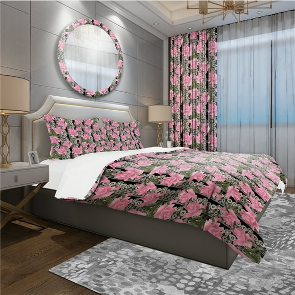 Designart 'Black Lacy Roses Pattern' Bohemian & Eclectic Duvet Cover Set