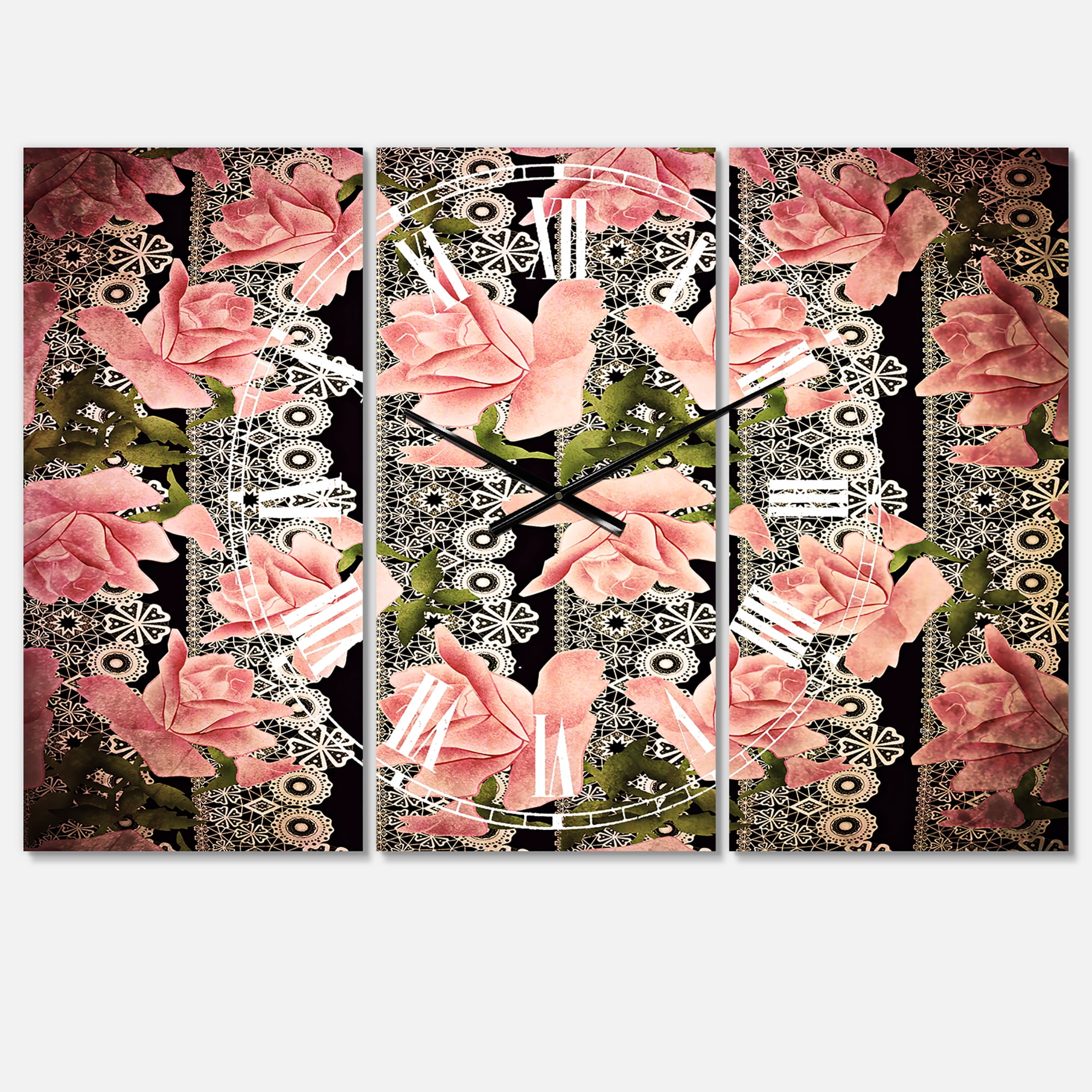 Designart 'Black Lacy Roses Pattern' Traditional Wall Clock