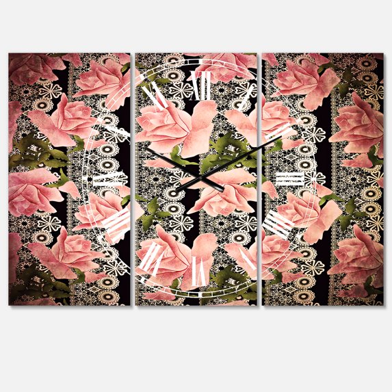 Designart 'Black Lacy Roses Pattern' Traditional Wall Clock