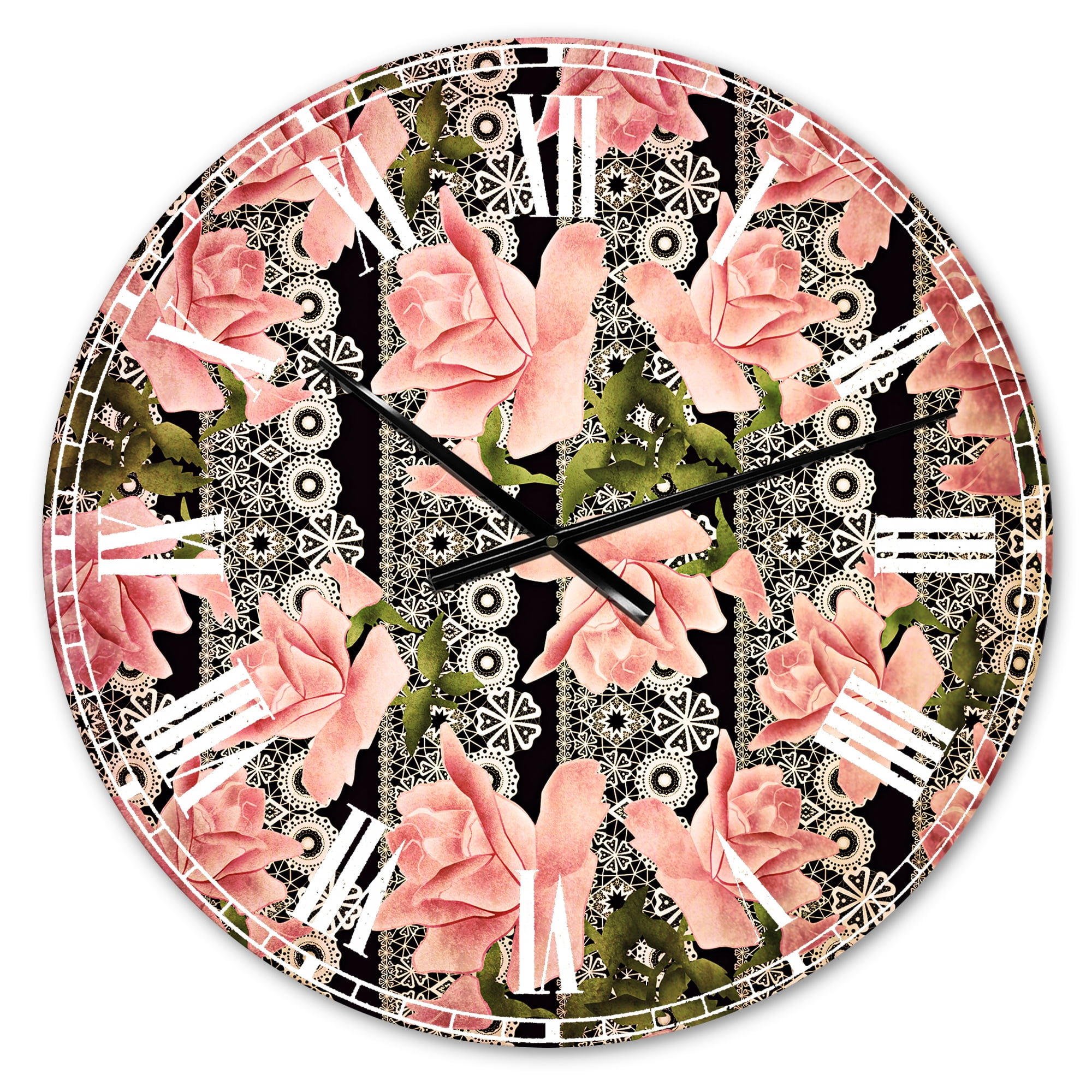 Designart 'Black Lacy Roses Pattern' Traditional wall clock