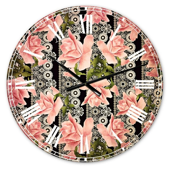 Designart 'Black Lacy Roses Pattern' Traditional wall clock